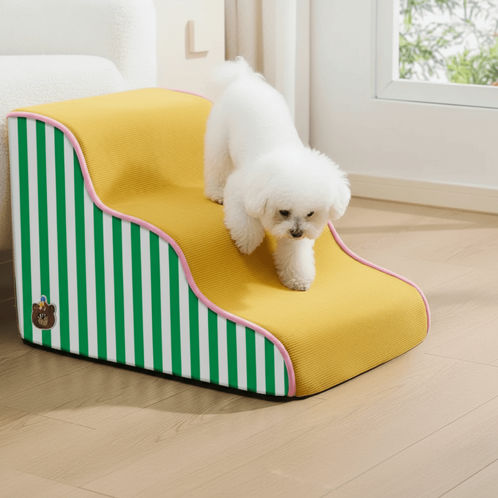 Orthopedic-style foam pet stairs for small dogs and cats beside furniture - vivaessencepet
