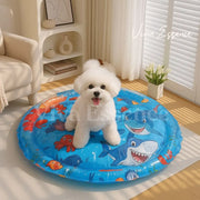 Round blue Paw Cool Oasis™ Bed providing non-electric, water-filled cooling and orthopedic support - vivaessencepet