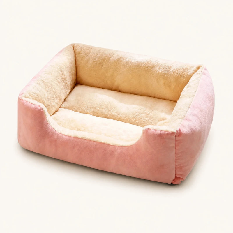 Pink Cozy Haven plush bolster pet bed with raised sides and a lowered front entry