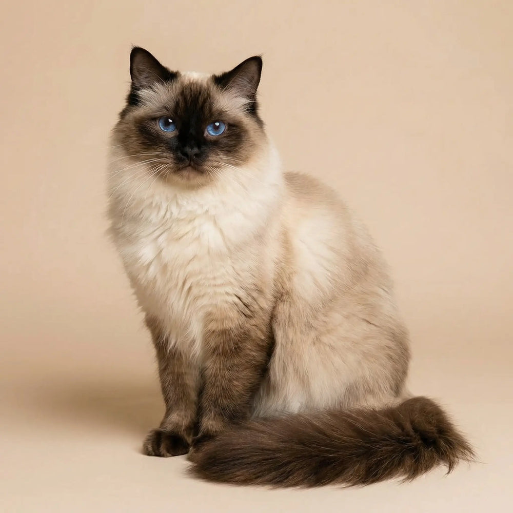Bella, a four-year-old Ragdoll cat and Viva Essence Pet model, calmly watching her surroundings