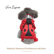 A happy dog stays dry and visible in a playful red waterproof dog coat with a fun strawberry pattern - vivaessencepet