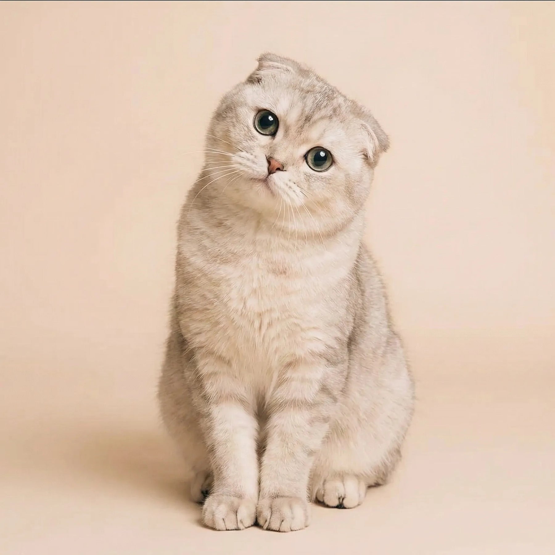 Mochi, a two-year-old Scottish Fold cat and Viva Essence Pet model, sitting calmly indoors