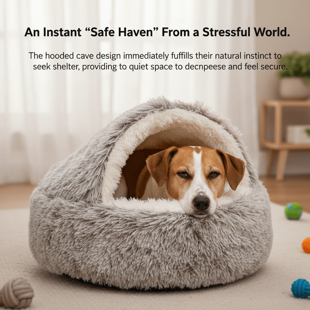 Happy dog resting in the therapeutic Snuggle Haven pet bed with supportive foam base - vivaessencepet