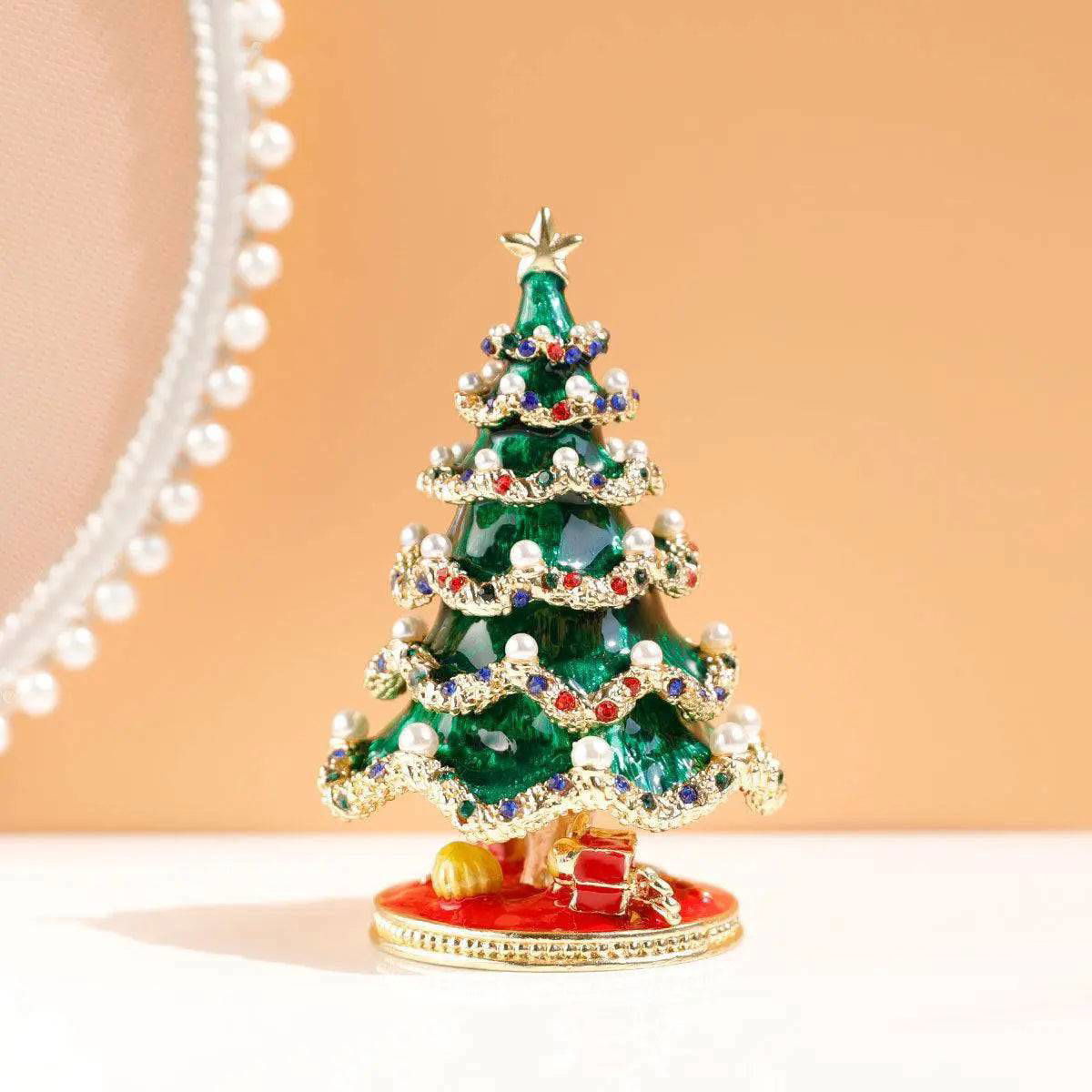 Sparkling Festive Tree - Enamel & Pearl - Encrusted Christmas Decor Jewelry Box - Viva Essence