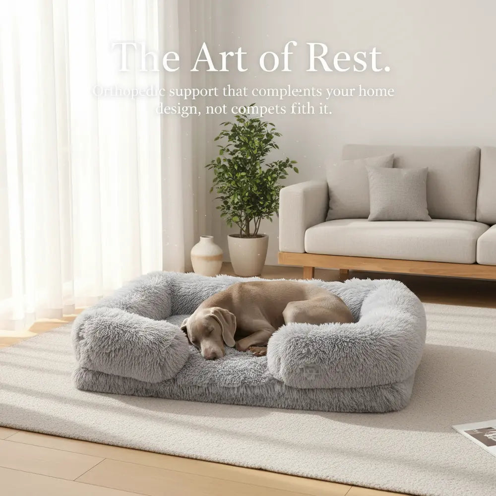 Minimalistisches Japandi-Wohnzimmer mit einem stilvollen Hundebett, das wie ein Möbelstück wirkt, für eine ästhetische Wohnatmosphäre - vivaessencepet
