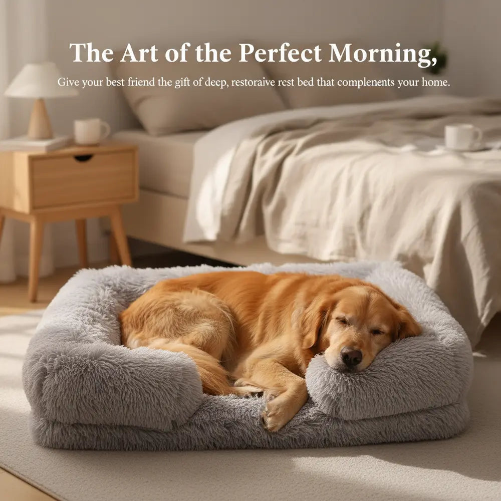 朝の陽光が、居心地のよい家の中でComfortcradleメモリーフォーム犬用ベッドの洗練されたデザインを引き立てる - vivaessencepet