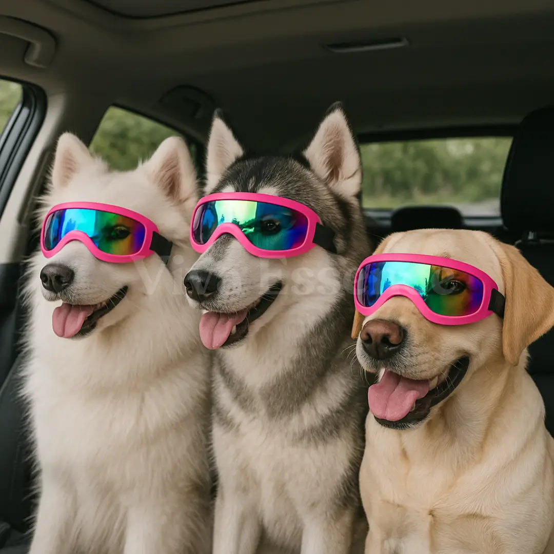 Windproof pet motorcycle goggles protecting a large dog's eyes from wind and flying trail grit - vivaessencepet