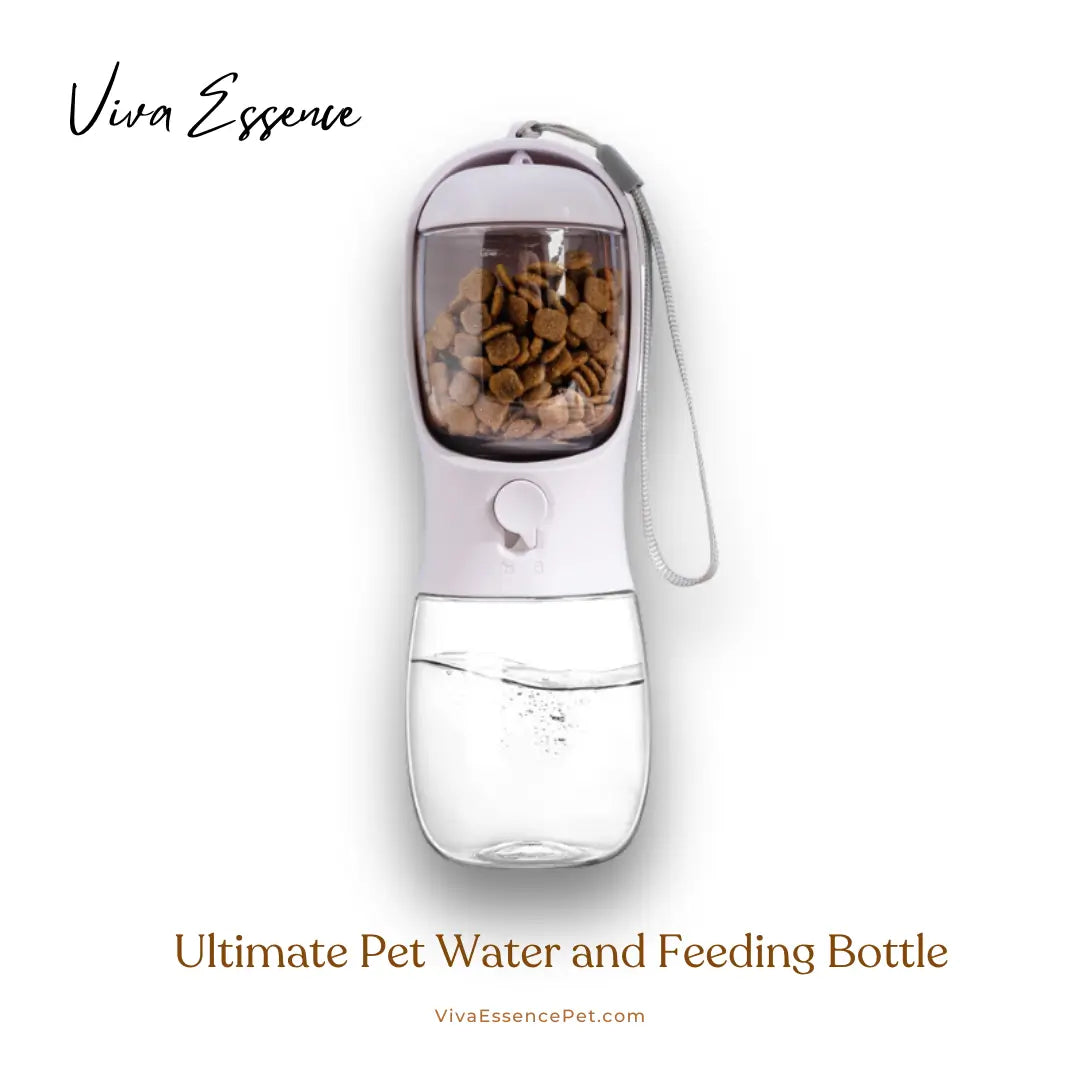 Aqua-Feast 2-in-1 pet travel bottle holding 9 oz water and 7 oz food for easy on-the-go feeding - vivaessencepet