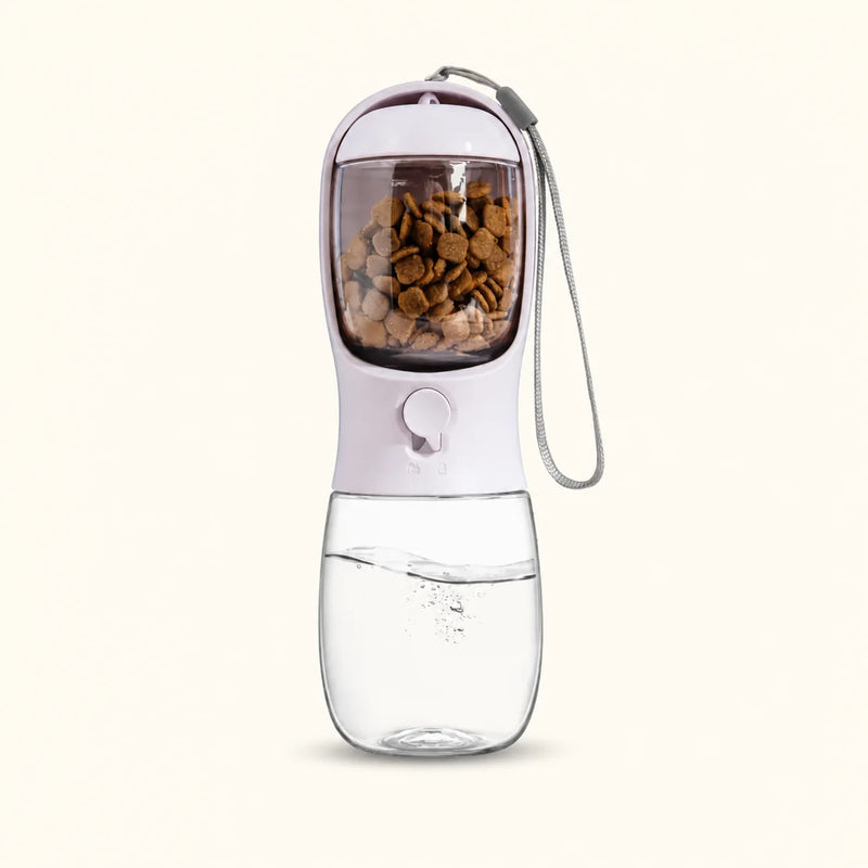 Aqua-Feast 2-in-1 pet travel bottle holding 9 oz water and 7 oz food for easy on-the-go feeding - vivaessencepet