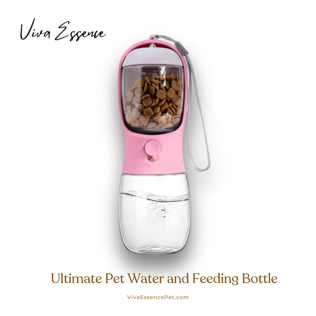 Dog drinking from portable pet dispenser featuring a leak-proof lock and attached trough for hikes - vivaessencepet
