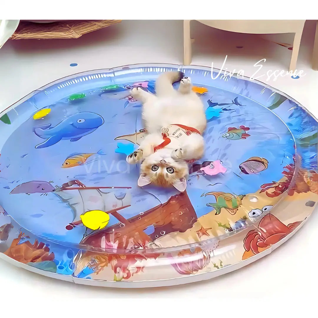 Water-cushioned pet cooling bed for shaded indoor rest and floor-level comfort - vivaessencepet