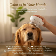 A person uses the handheld calming massager on their happy dog, showcasing a soothing pet spa ritual - vivaessencepet