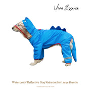 A large dog models a yellow Dino-Spike raincoat, showcasing its full coverage waterproof design for walks - vivaessencepet