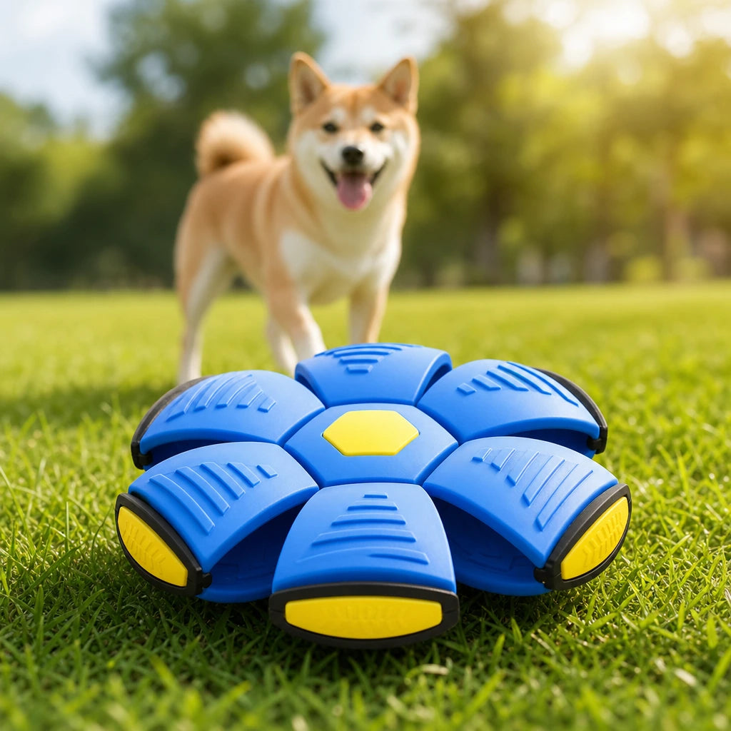 Blue transforming dog frisbee ball in flying-disc form on grass with a dog behind