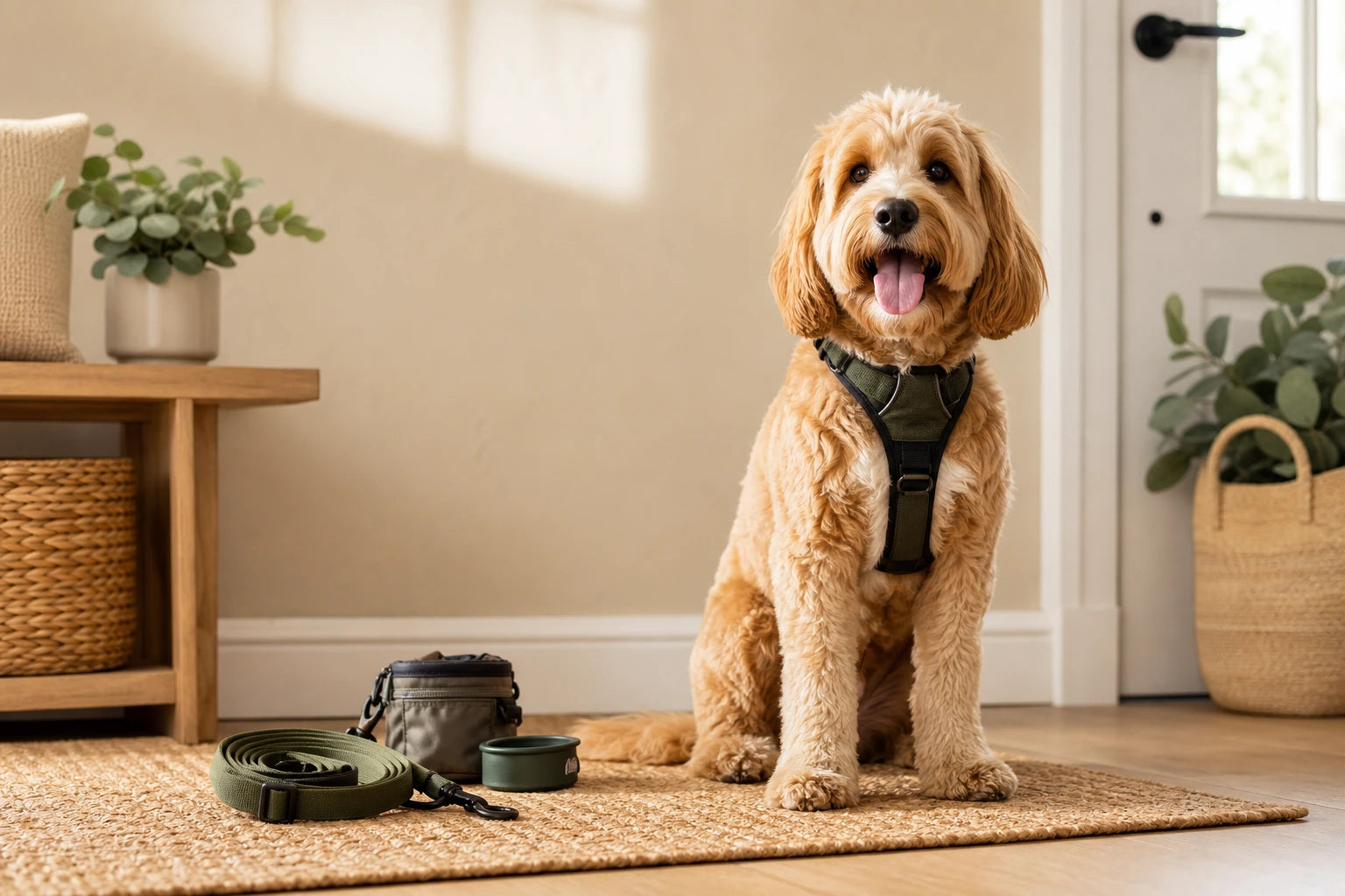 Dog wearing a harness beside a leash and walking bag