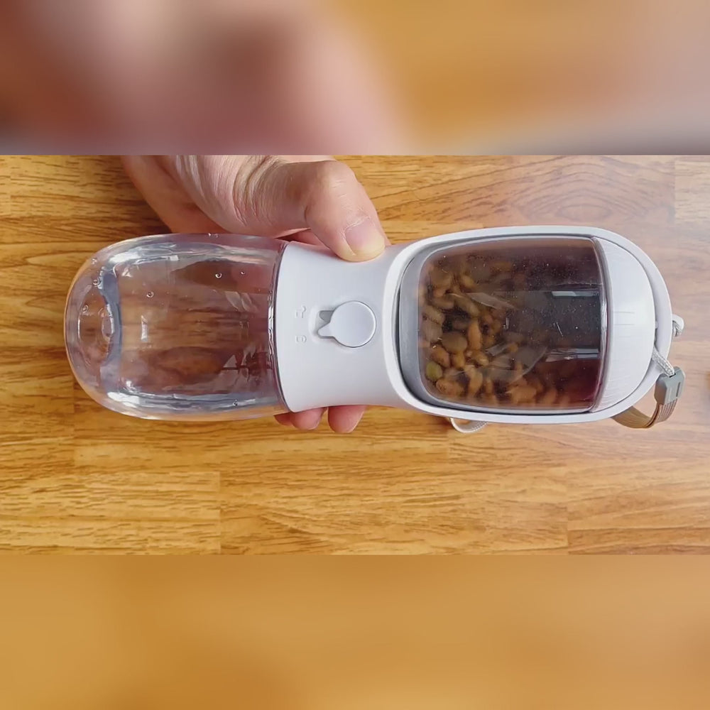Compact travel dispenser for pets combining 260ml water and 200g food capacities in one sleek unit - vivaessencepet