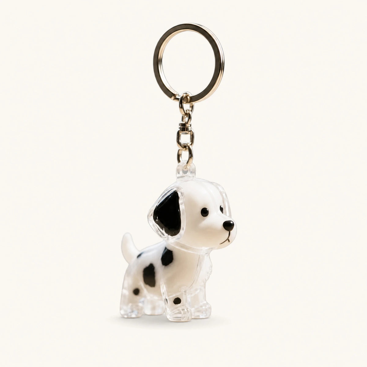 Black Spotted Dog pet fur keepsake keychain with clear capsule on a warm ivory background