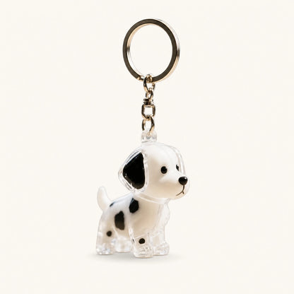 Black Spotted Dog pet fur keepsake keychain with clear capsule on a warm ivory background