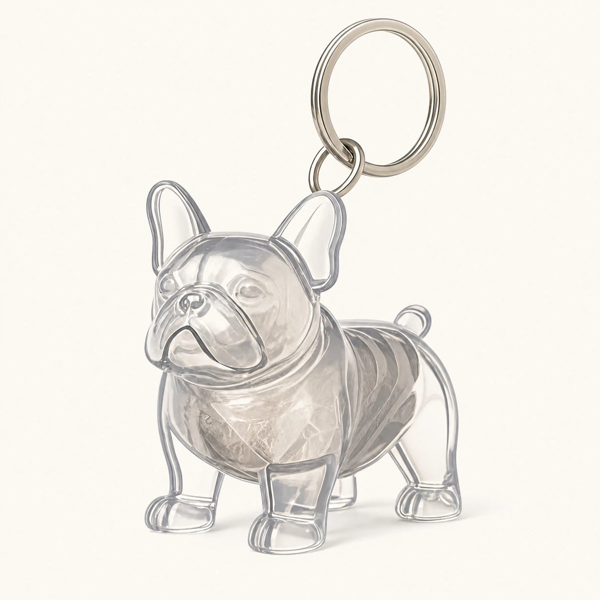 Herinneringssleutelhanger met dierenhaar in Franse emmerstijl, met een doorzichtige capsule op een warme ivoorkleurige achtergrond