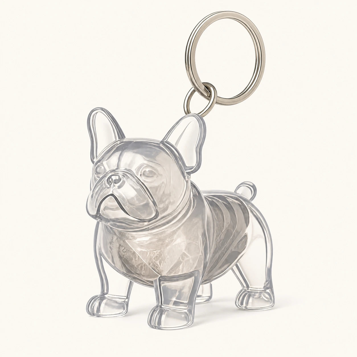 French Bucket pet fur keepsake keychain with clear capsule on a warm ivory background