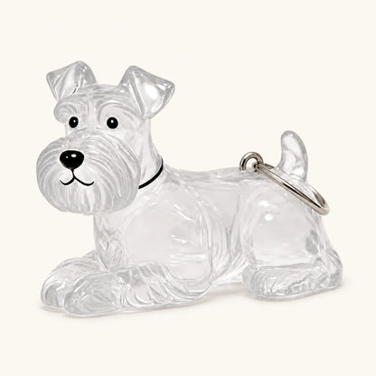 Schnauzer Bedroom Style pet fur keepsake keychain with clear capsule on a warm ivory background