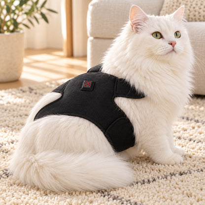 White cat wearing the LumaWrap red light pet wrap on a cream rug