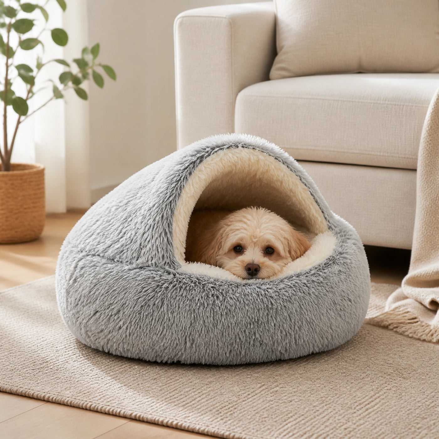 Gray plush cave pet bed with a small dog inside
