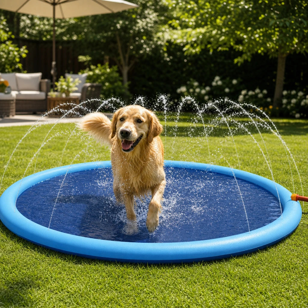 Arroseur De Piscine D'Été Pour Chiens, Couverture D'Éclaboussures De Jardin Bleu Pur Sans Texte
