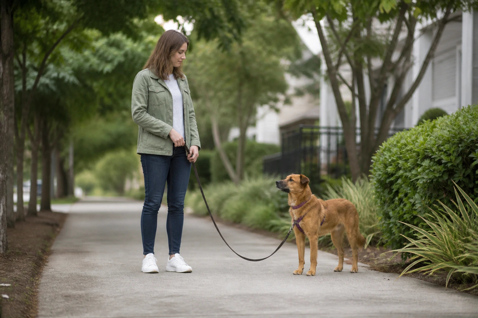 Owner pausing with a dog during loose-leash training