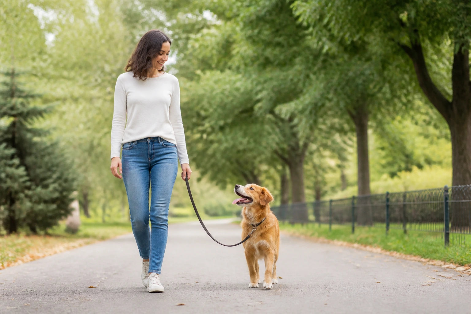 Dog walking beside an owner with a loose leash