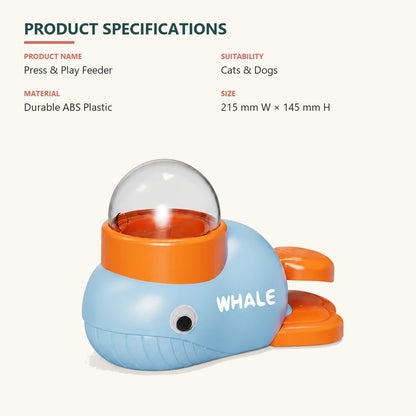 Press & Play feeder specifications: 215 mm wide, 145 mm high, durable ABS plastic, suitable for cats and dogs