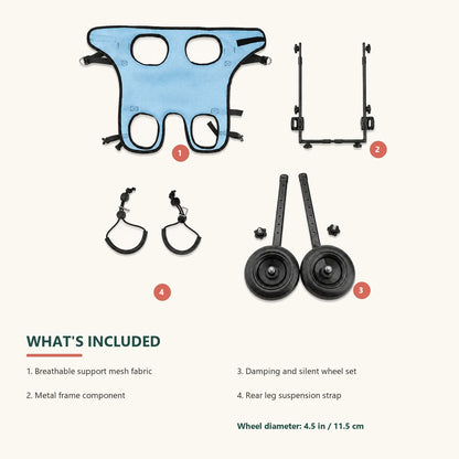 JoyStride dog wheelchair parts: support mesh, metal frame, wheel set and rear-leg suspension straps