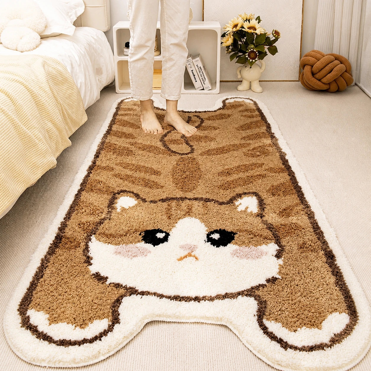 Cat-themed accent rug placed beside a reading chair for cozy room styling - vivaessencepet
