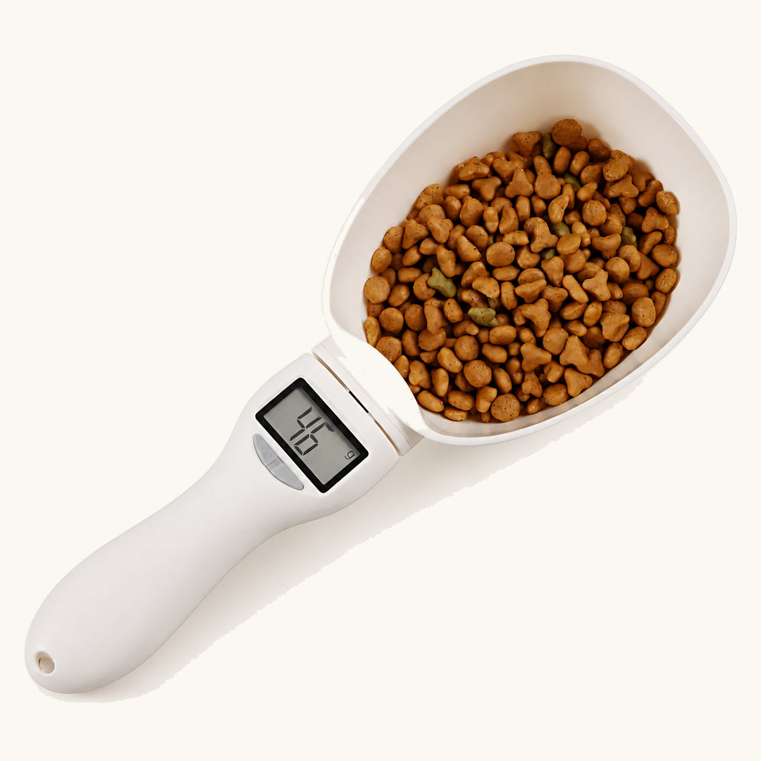 White digital pet food scoop with kibble and LCD display