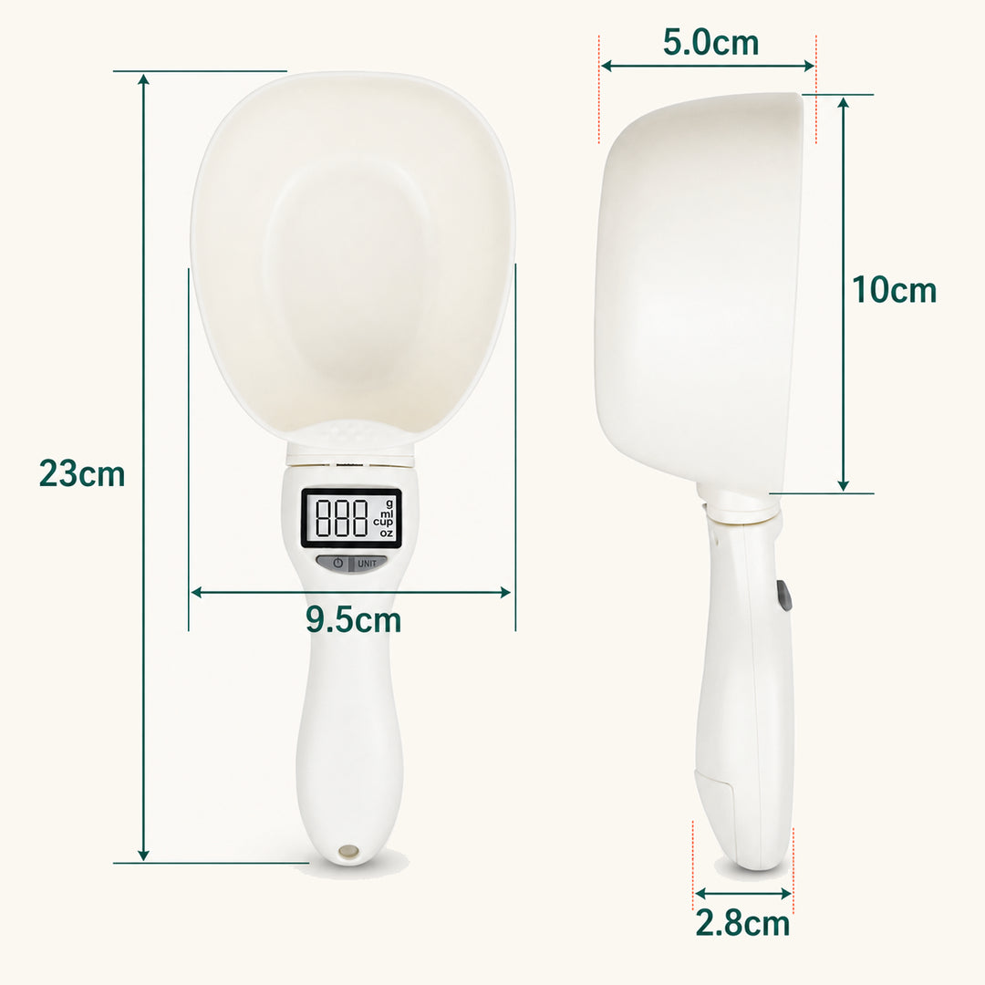 Digital pet food scoop dimensions: 23 cm long, 9.5 cm wide, 10 cm deep and 5 cm thick