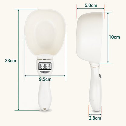 Digital pet food scoop dimensions: 23 cm long, 9.5 cm wide, 10 cm deep and 5 cm thick