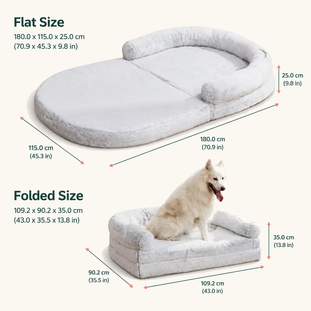 Lit pour chien au format humain, présenté à plat et plié, avec dimensions en unités métriques et en pouces