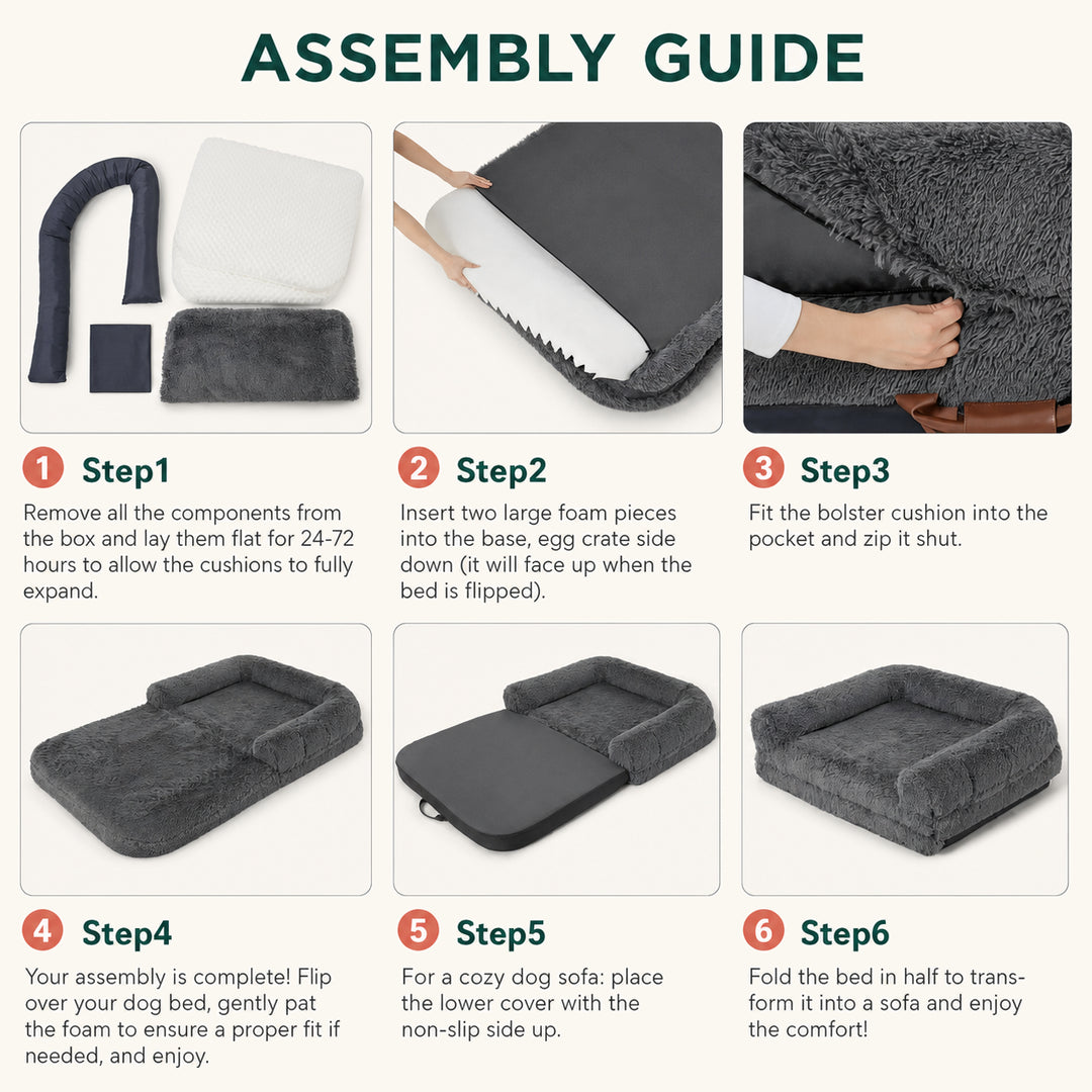 Three-step assembly guide for the Cloud Bed human-sized dog bed