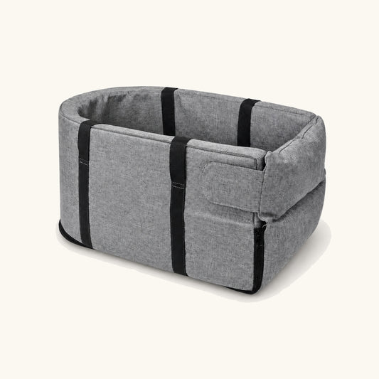 Gray Aura pet car seat and travel carrier shown at a three-quarter angle