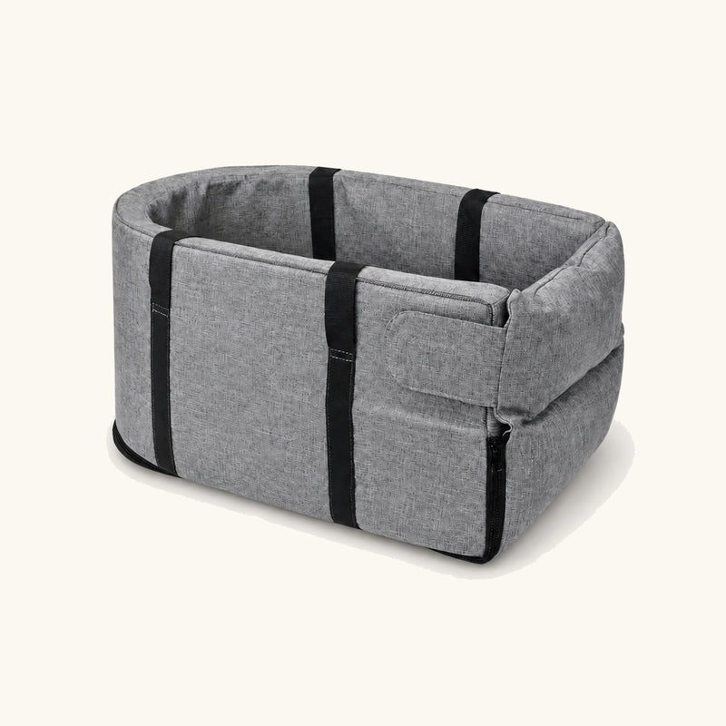 Gray Aura pet car seat and travel carrier shown at a three-quarter angle