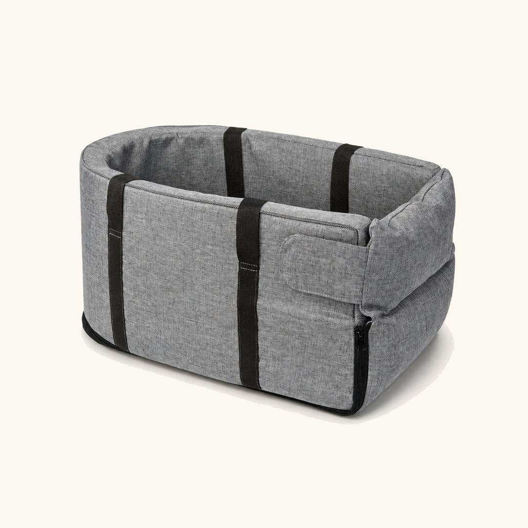 Asiento de coche y transportín de viaje Aura gris para mascotas con paredes acolchadas