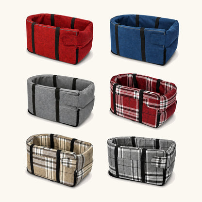 Colores del asiento de coche y transportín de viaje Aura para mascotas: gris, rojo, azul y de cuadros