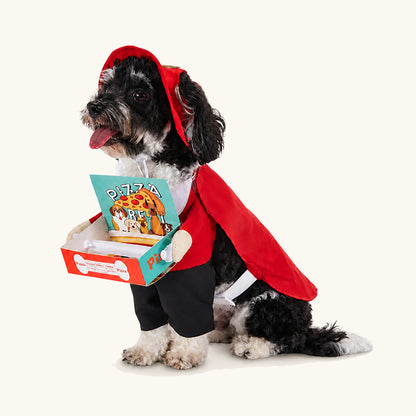 Liten hund i den röda leveransbudsutklädnaden för husdjur till Halloween, med en kartong