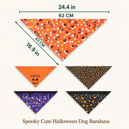 Größendiagramm für ein Halloween-Halstuch für Hunde mit den Maßen 62 x 43 cm und fünf Mustern