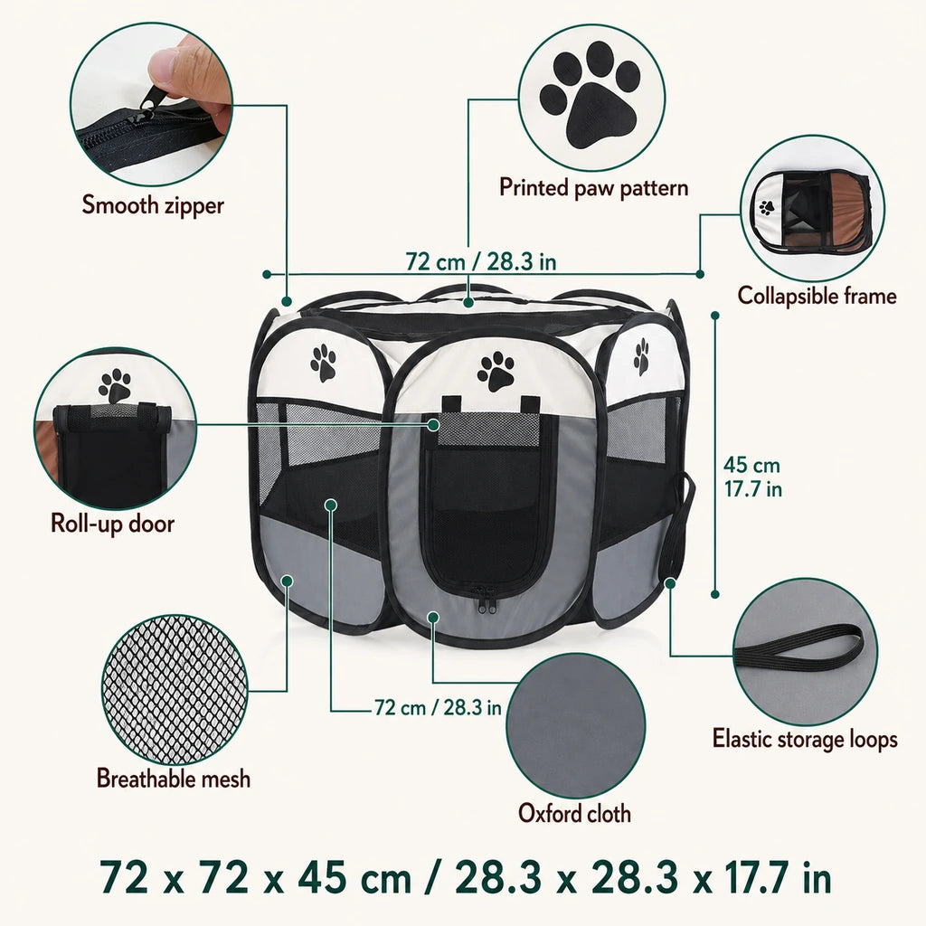 Diagrama de las características de una tienda de campaña plegable para mascotas, con malla, cremallera, tela Oxford y dimensiones 72 x 72 x 45 cm