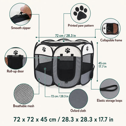 Diagrama de las características de una tienda de campaña plegable para mascotas, con malla, cremallera, tela Oxford y dimensiones 72 x 72 x 45 cm