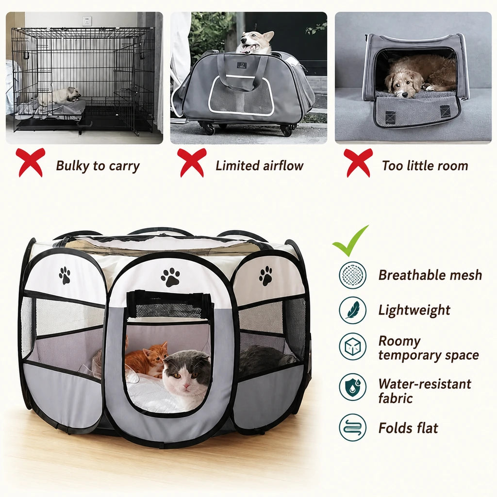 Comparativa de una tienda de campaña plegable para mascotas con malla transpirable, espacio amplio y diseño plegable