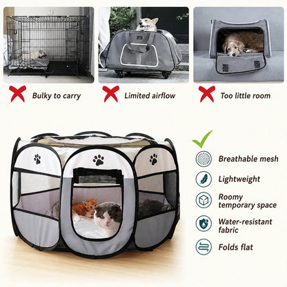 Comparativa de una tienda de campaña plegable para mascotas con malla transpirable, espacio amplio y diseño plegable