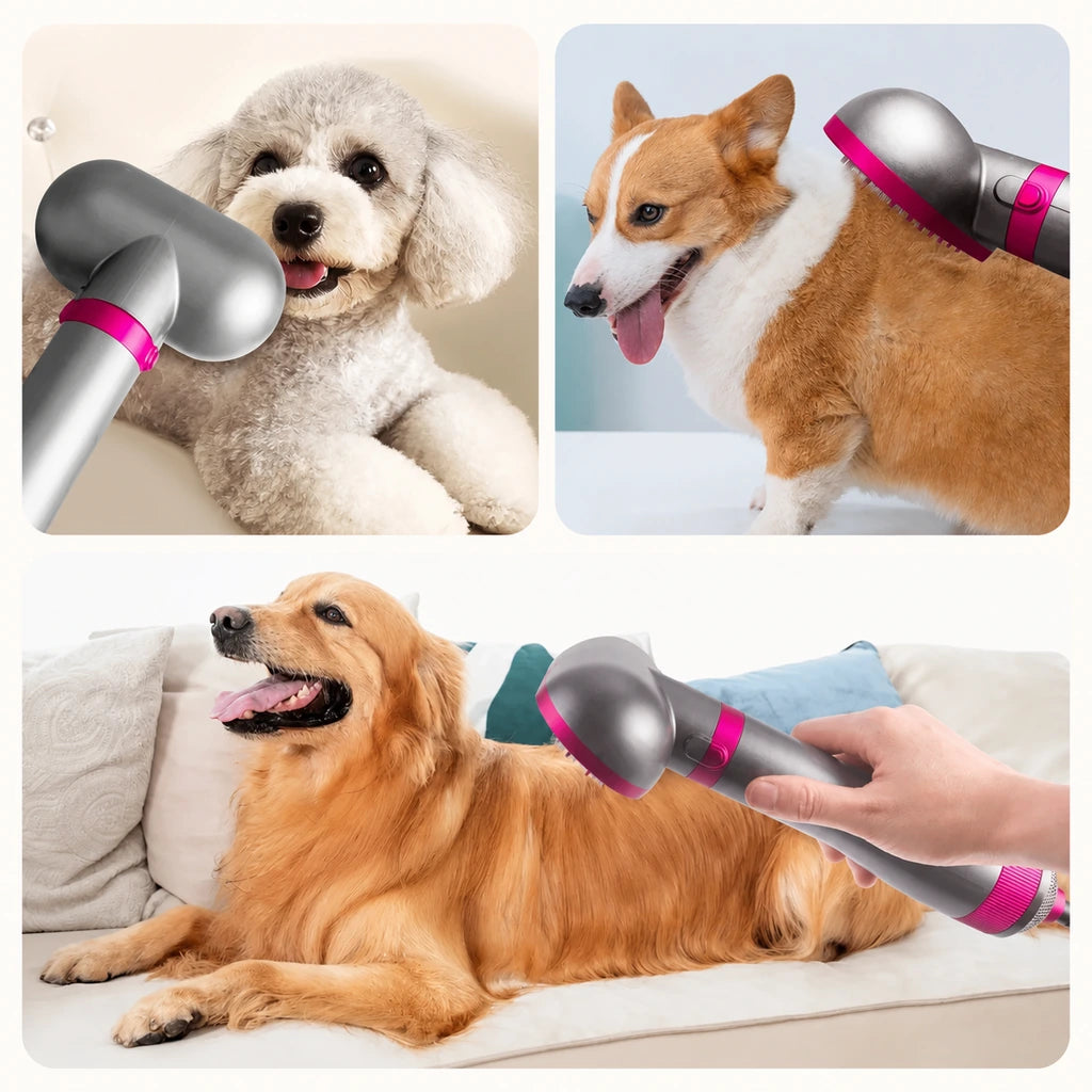 Dogs and a cat being groomed with a handheld pet dryer brush