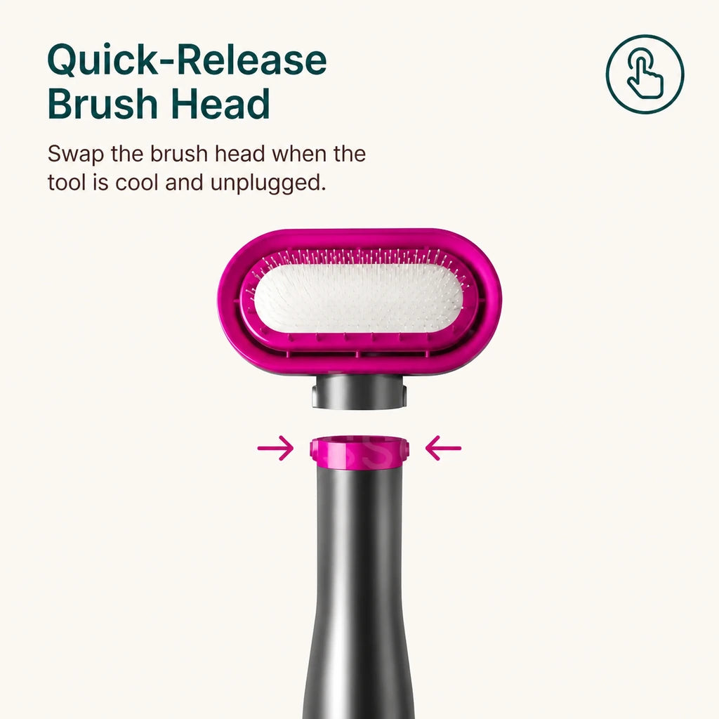 Quick-release brush head detaching from a handheld pet grooming dryer